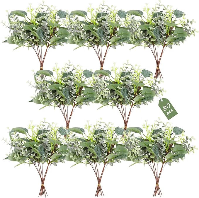 Artificial Eucalyptus Greenery Stems, 80 Pieces, Green Mixed Silk Leaves