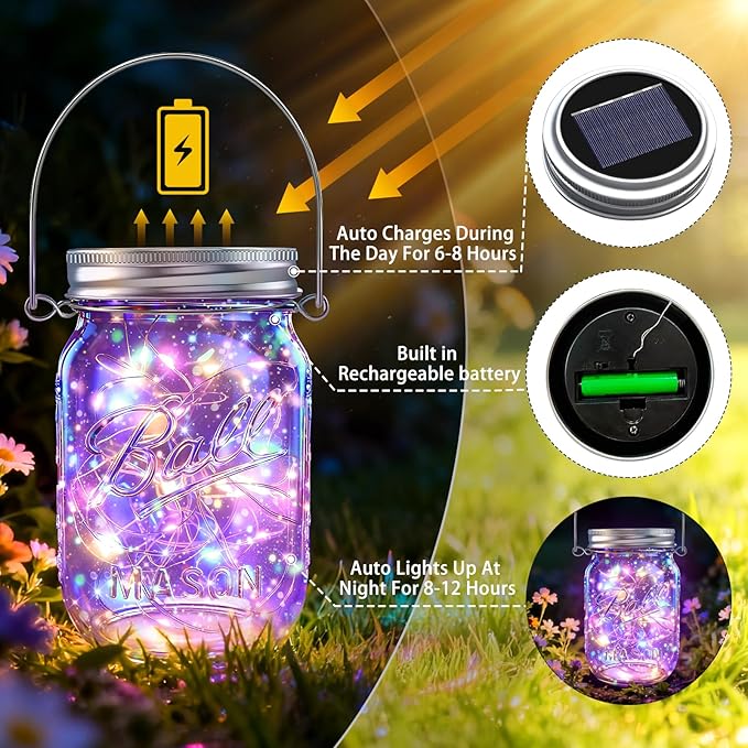 String Lights, 12 Pack Multicolor LED Solar Mason Jar Lights for Outdoor Use