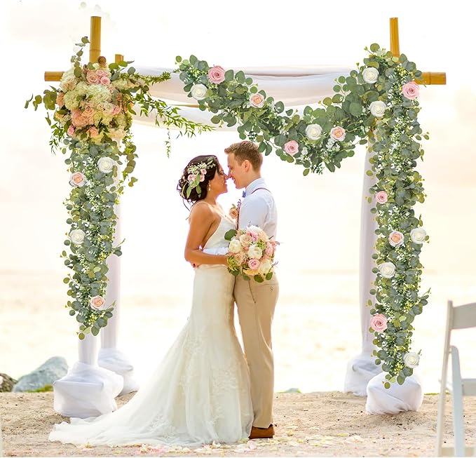 Artificial Greenery Garland, 6 ft Eucalyptus Vine with White Blooms