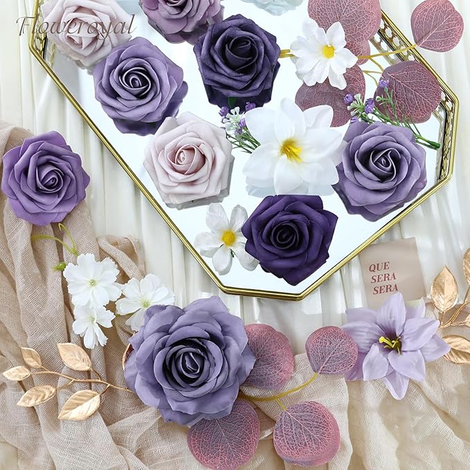 Artificial Flowers, Dark Purple Silk Mix with Roses and Eucalyptus