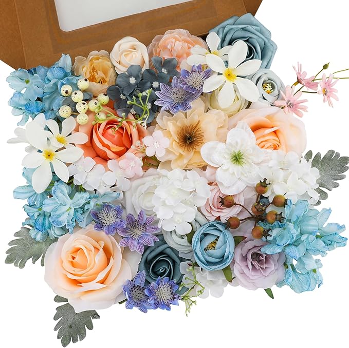 Artificial Flowers Set in Fairy Blue and Pink, Silk and Plastic Blend