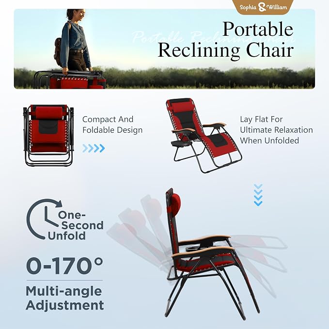 Sophia & William Oversized XXL Zero Gravity Chair Set of 2, Padded Adjustable - Image 6