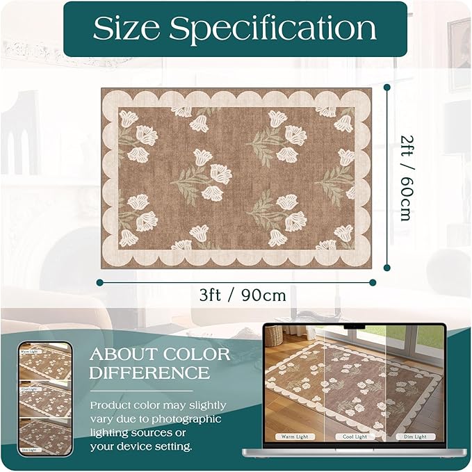 Outdoor Rugs Tan Floral Door Mat, Non-Slip 2 x 3 ft Polyester