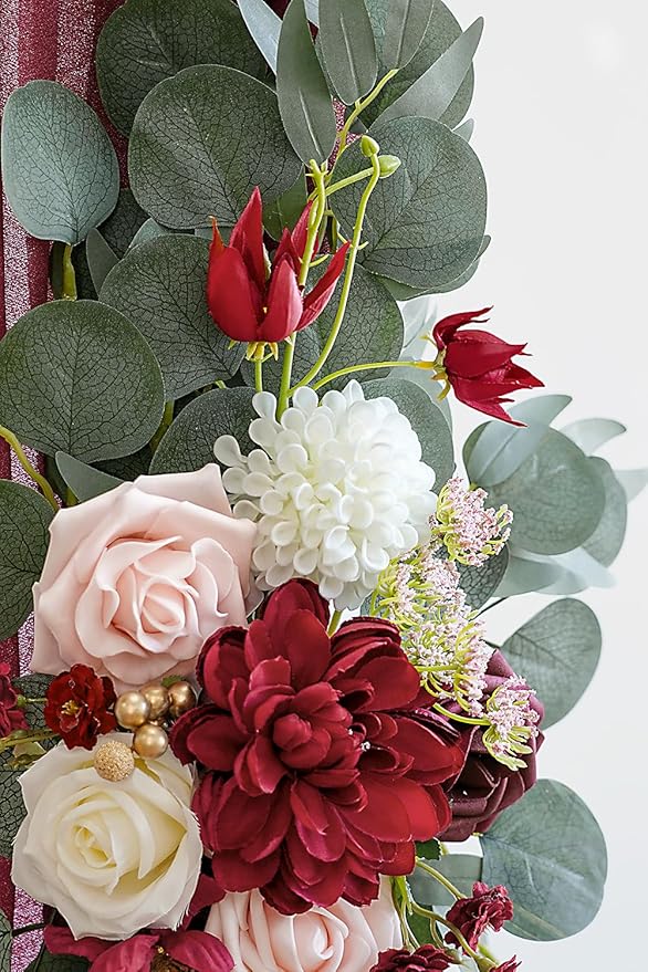 Artificial Flowers Kit, Burgundy Wedding Arch Swag with 26 Ft Draping
