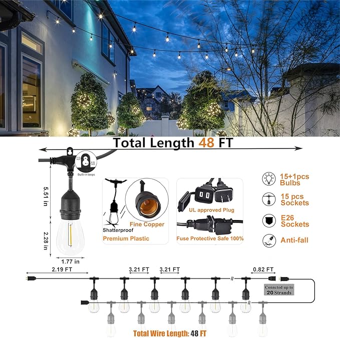 String Lights, 48 Ft Waterproof Outdoor Edison Bulbs, Warm 2200K