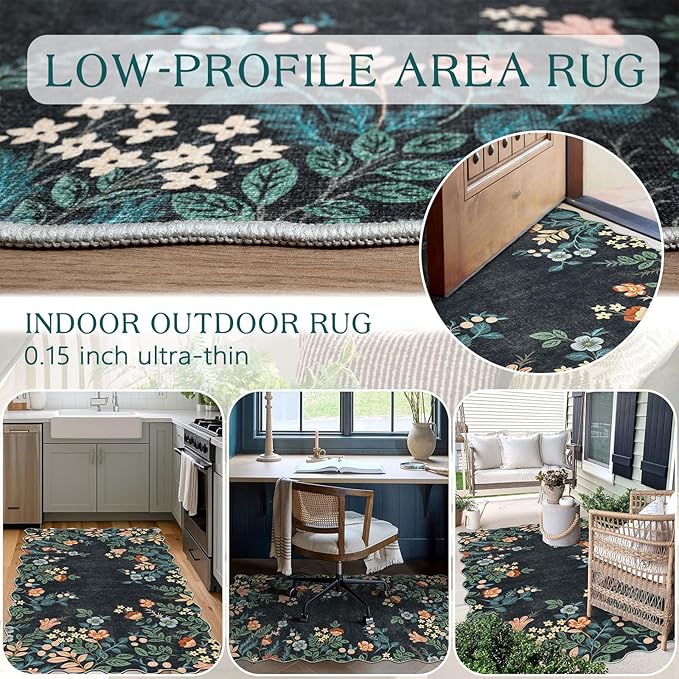 Outdoor Rug 3x5 Ft Black Floral Washable Non-Slip Entry Mat