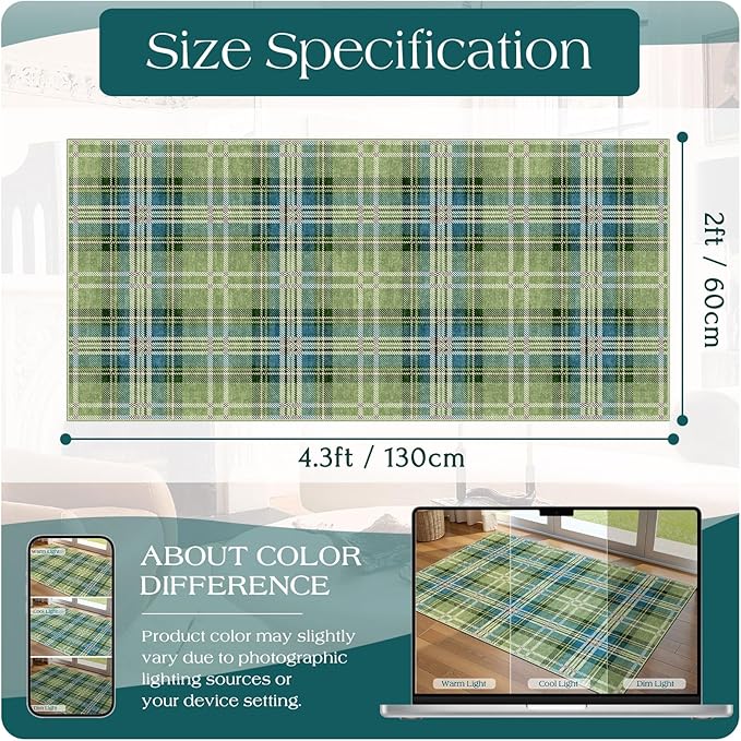 Outdoor Rug 2x4.3 Ft Green Plaid Tartan, Non-Slip Machine Washable