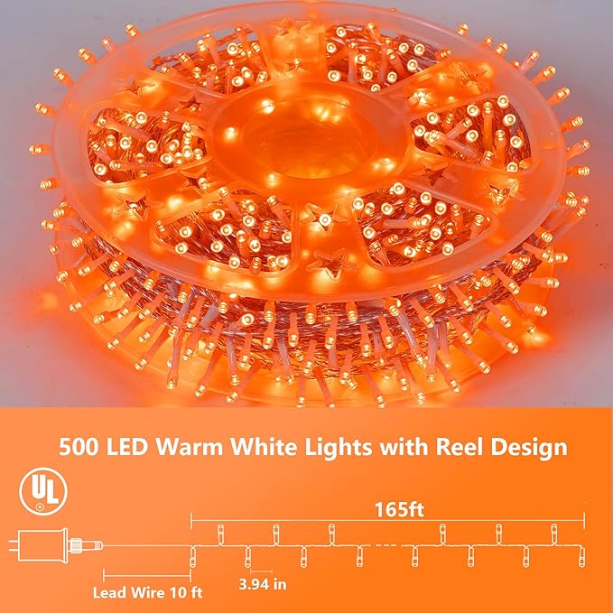 String Lights, 165 ft Outdoor Halloween Set with 500 Orange LEDs