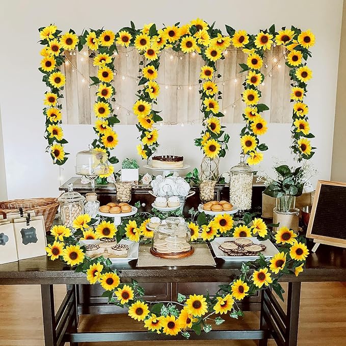 Artificial Sunflower Garland, 7.5 Ft Silk Vines in Yellow and Green