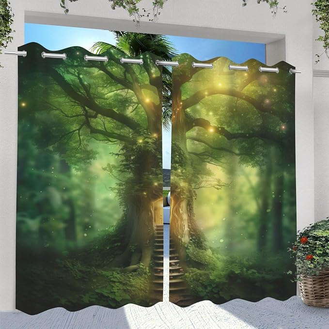Fantasy Theme Outdoor Curtains for Patio Waterproof, Forest Pattern, Grommet - Image 2