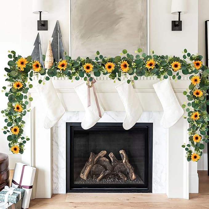 Artificial Flowers: Silk Sunflower Garland, Yellow & Green, 6.6 ft, 2 Pack