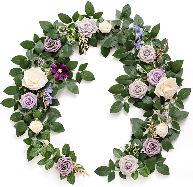 Artificial Flower Garland 5 Ft Purple Rose Vine with Green Leaves