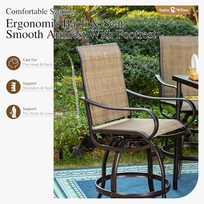 Sophia & William Patio Bar Stools Counter Height, Swivel Bar Chairs, Supports - Image 5