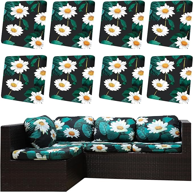 Outdoor Cushion Covers 8 Pack, Stretch Polyester Blend, Daisy