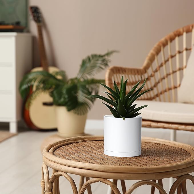 Planters: Set of 4 Matte White Plastic Pots with Drainage Holes, 5 Inch