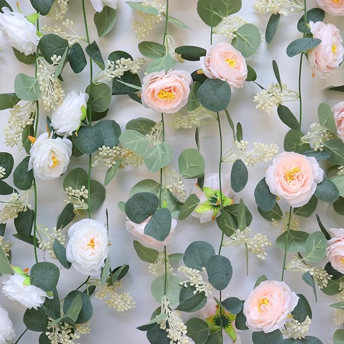 Artificial Eucalyptus Garland with Roses, 2-Piece Set, Green and White