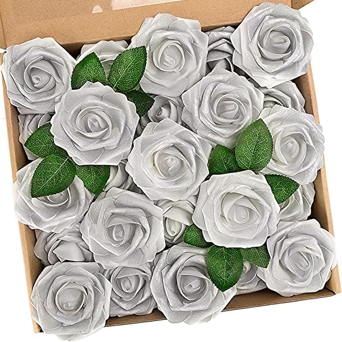 Artificial Flowers, 50 Silver White Foam Roses with Bendable Stems