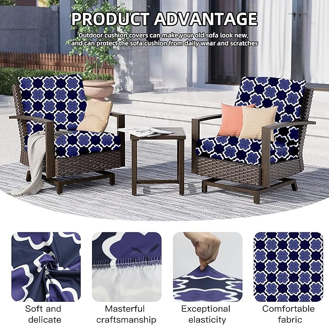 Outdoor Cushion Covers 8-Pack, Stretch Fit, Dark Blue Geometric Pattern