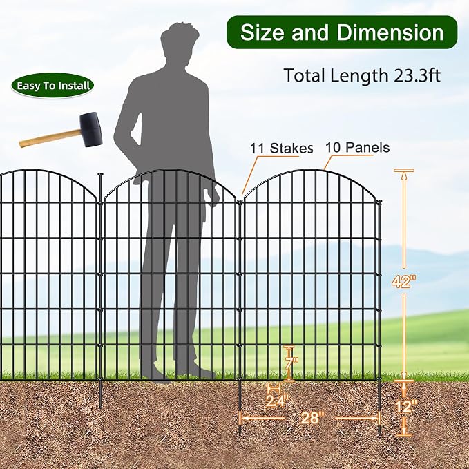 Decorative Fence Set 42in x 23.3ft, Black Metal, 10 Panels