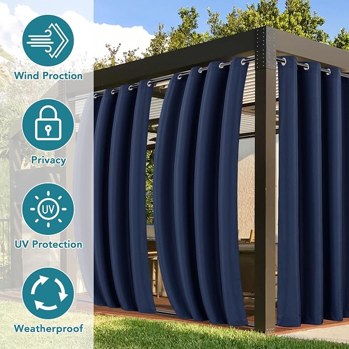 Outdoor Patio Curtains, 4 Navy Waterproof Windproof Panels, 54x95 Inch
