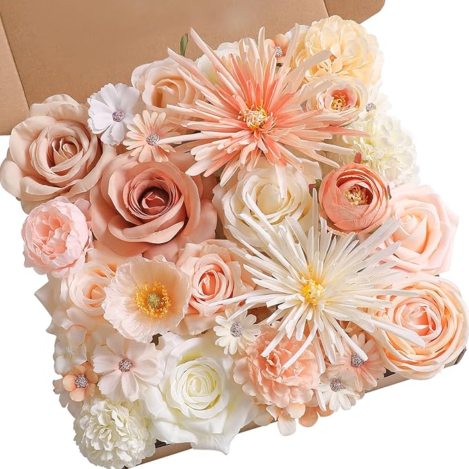 Artificial Flowers Champagne Bulk Set, 31 Heads with 40 Stems and 11 Leaves