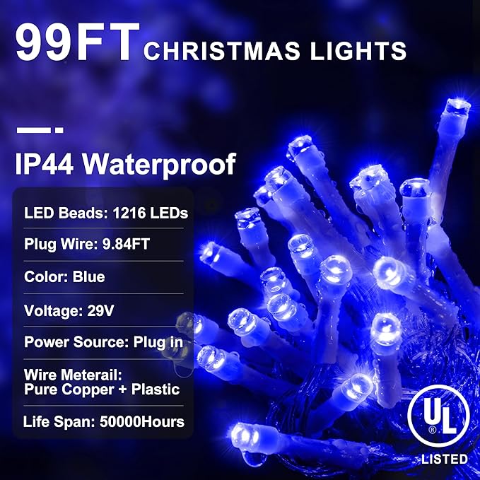 String Lights, 1216 LED, 99 ft, Blue, 8 Modes, Indoor/Outdoor
