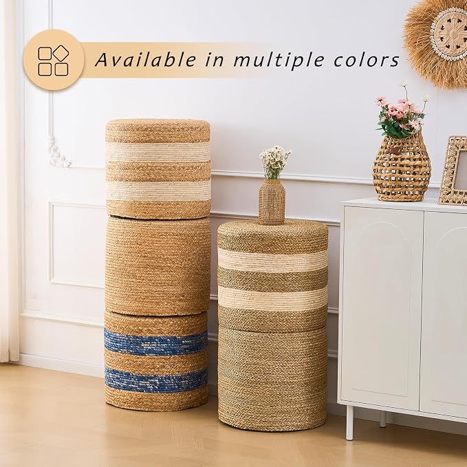 Handwoven Ottoman Pouf, Natural Water Hyacinth Footstool, Round Braided Outdoor - Image 7
