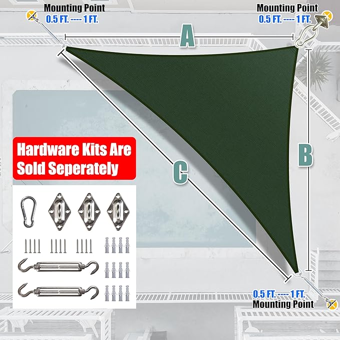 Amgo Custom Size 9' x 15' x 17.5' Green Right Triangle Sun Shade Sail UPF50+ - Image 8