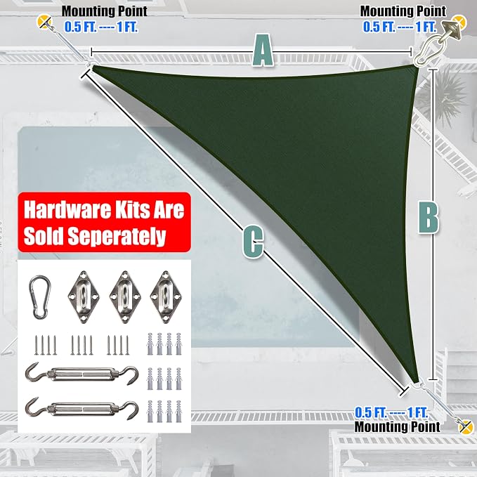 Amgo Custom Size 17' x 21' x 27' Green Right Triangle Sun Shade Sail UPF50+ - Image 8