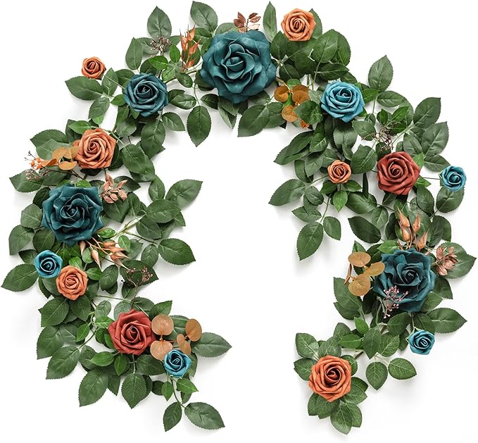 Artificial Flower Garland 5 ft Teal Blue Foam Rose Vine for Weddings