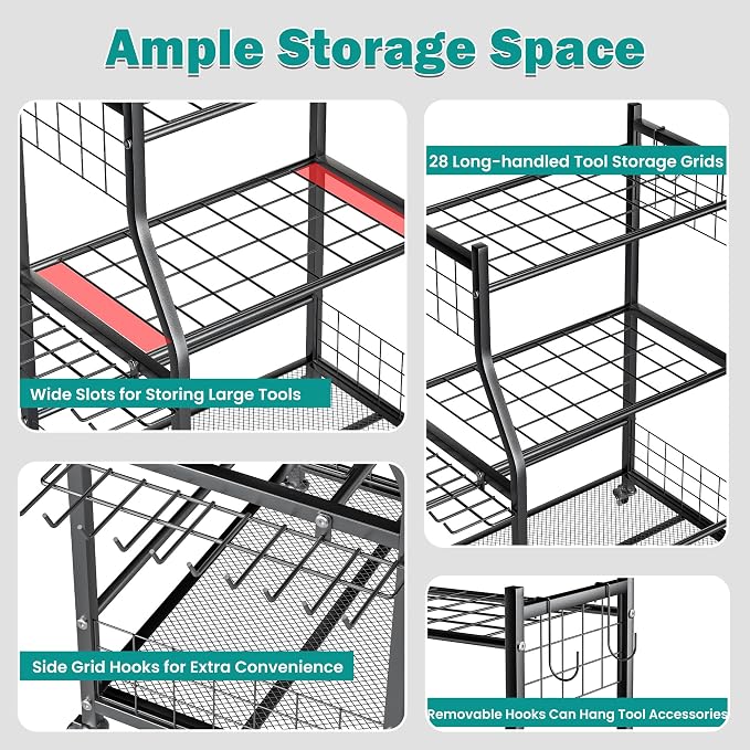 Storage Rack, Black Alloy Steel Yard Tool Organizer with Lockable Wheels