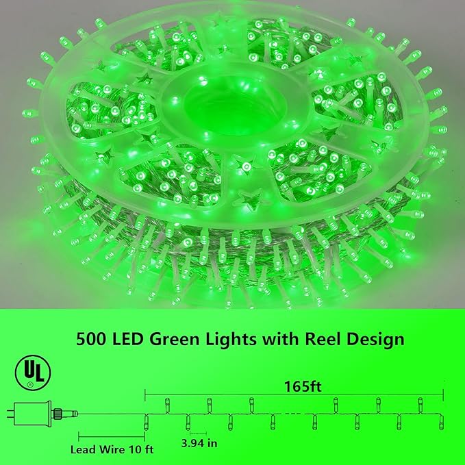 String Lights 165 ft 500 LED Green Outdoor Strand with 8 Modes