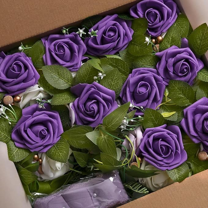 Artificial Flowers, Set of 10 Purple Rose Pew Decor for Aisle Chairs