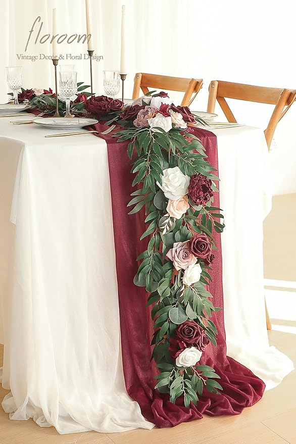 Artificial Flower Garland 6ft Burgundy and White Faux Silk Eucalyptus