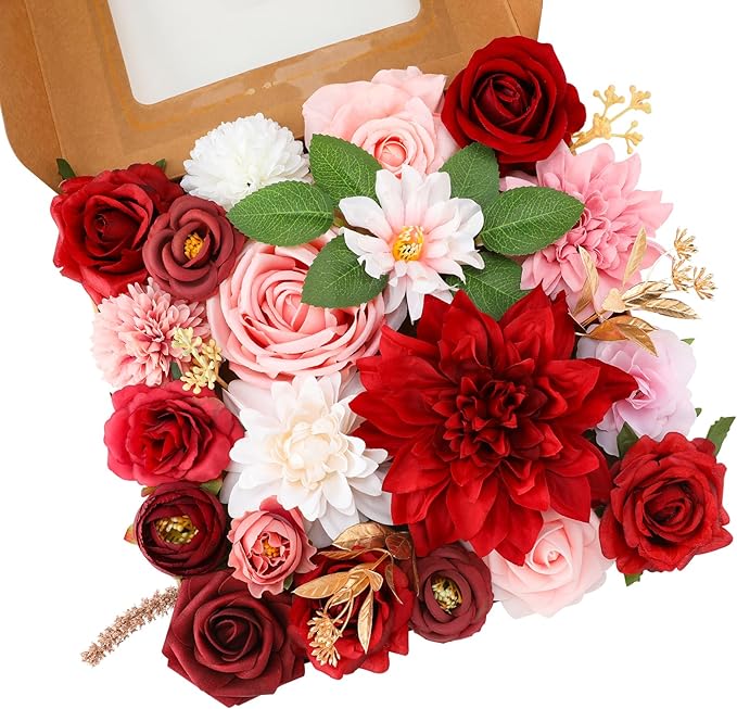 Artificial Flowers Set Red and Pink Silk Roses Dahlias with Wired Stems