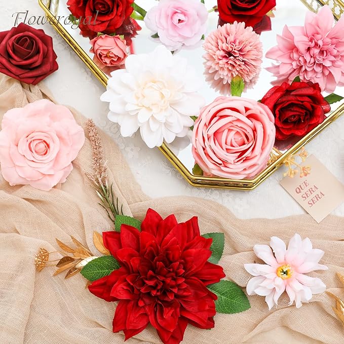 Artificial Flowers Set Red and Pink Silk Roses Dahlias with Wired Stems