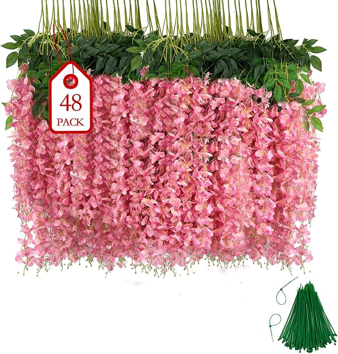 Artificial Wisteria Flowers 48 Pack Pink Plastic Hanging Vines