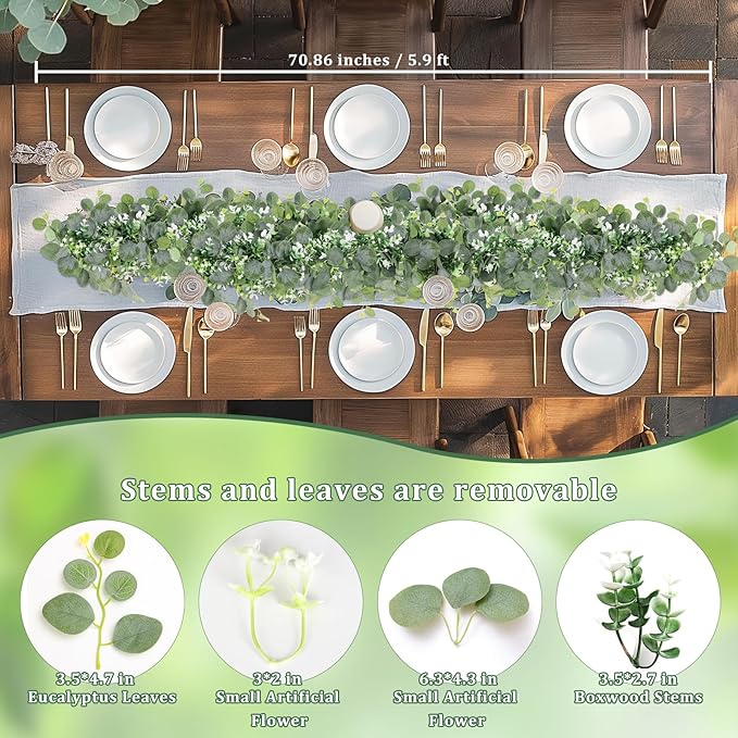 Artificial Greenery Garland, 6 ft Eucalyptus Vine with White Blooms