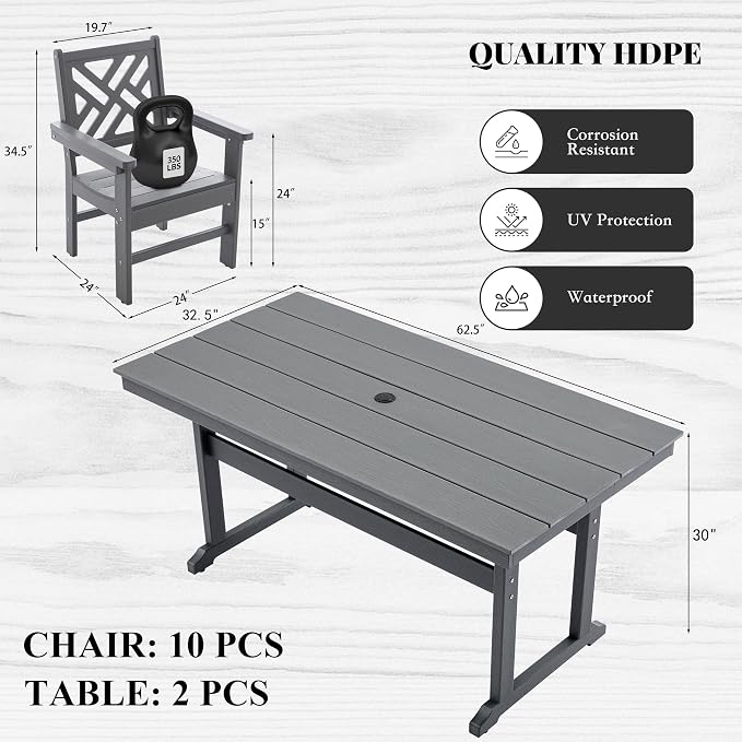 HDPE Dining Table Set for 10, 12-Piece Outdoor Table and Chairs Include 10 - Image 3