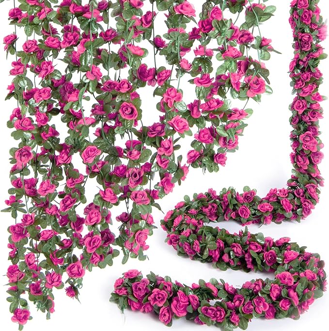 Artificial Flowers Spring Magenta Silk Rose Garland, 8 Vines at 8.2 ft