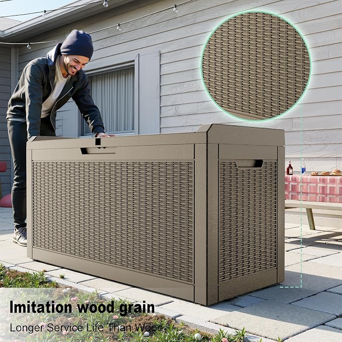 Deck Box, 60 Gallon Grey Resin, Waterproof and Lockable Outdoor Storage