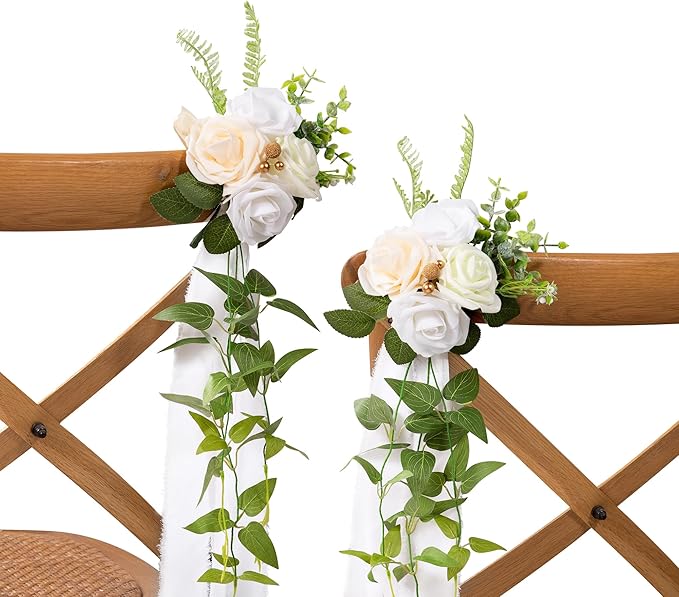 Artificial Rose Pew Flowers, Set of 10, White Wedding Aisle Chair Decor