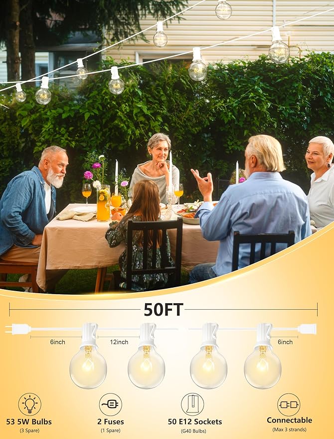 String Lights, 50 ft Globe G40 Bulbs, Warm White, Connectable