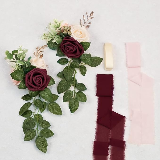 Artificial Flowers Wedding Chair Decor, Burgundy Roses, 10 Pack