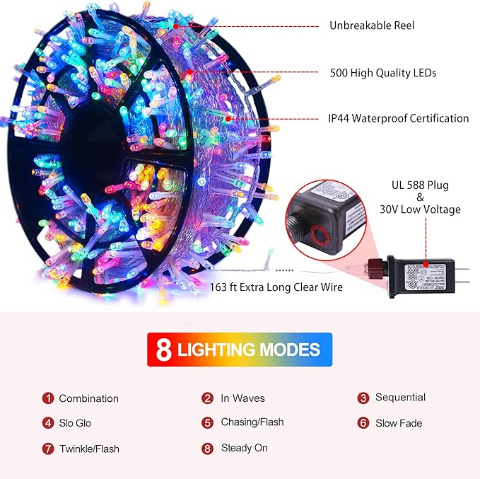String Lights, 163 ft 500 LED Multicolor for Outdoor Christmas Decor