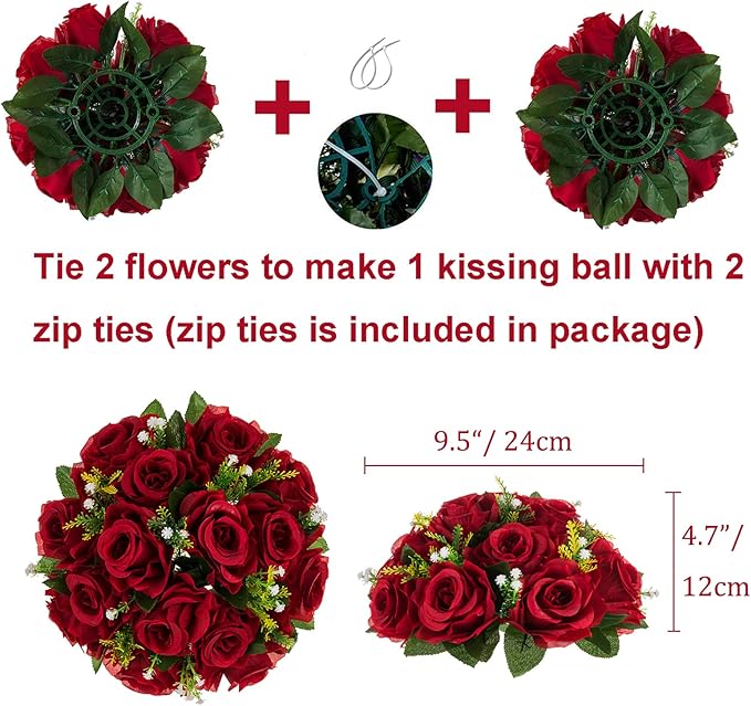 Artificial Flowers Centerpiece Ball, Burgundy Silk Roses, 3-in-1