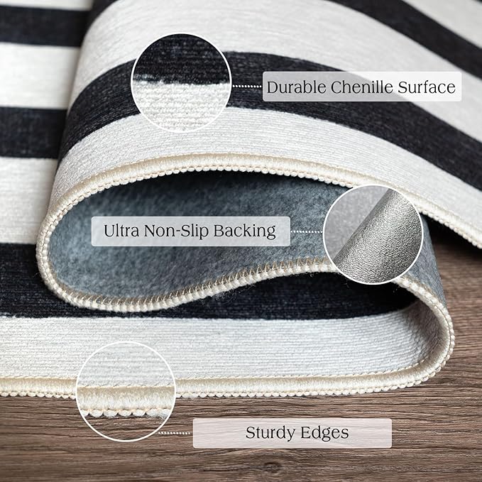 Outdoor Rugs, Black and White Striped Polyester Entry Mat, 3 x 5 ft