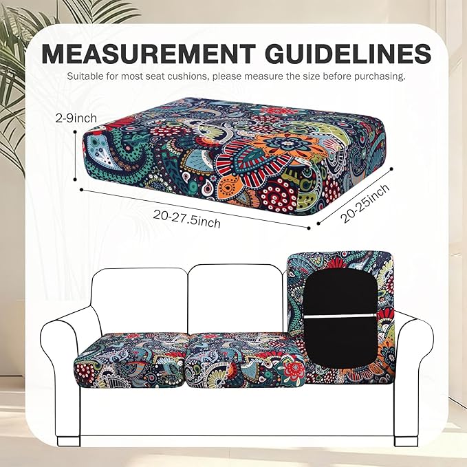 Cushion Covers, 4-Piece Paisley Stretch Set with Non-Slip Straps