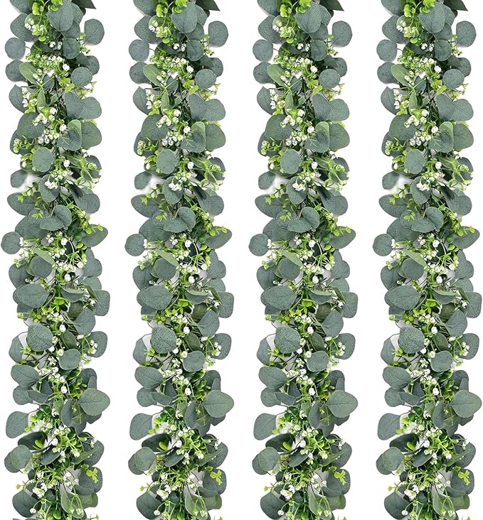 Artificial Greenery Garland, 6 ft Eucalyptus Vine with White Blooms