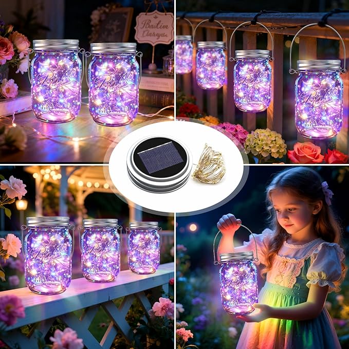 String Lights, 12 Pack Multicolor LED Solar Mason Jar Lights for Outdoor Use